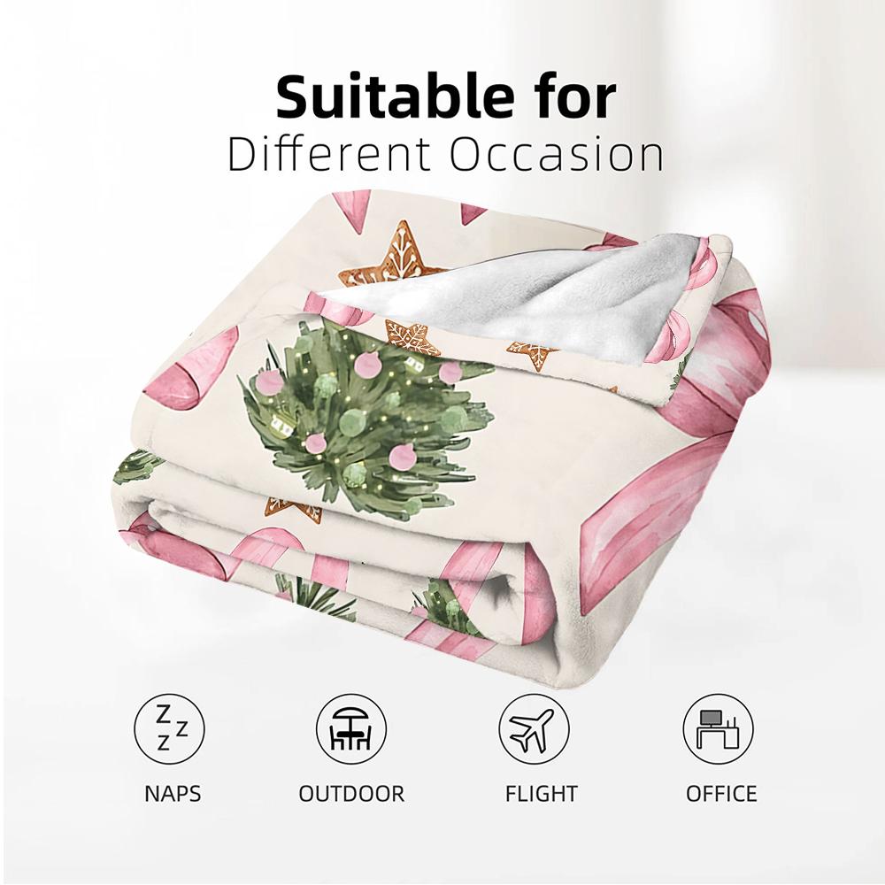 Pink Xmas Bow Tree Anime Cartoon Flannel Blanket Soft Warm Throw for Bedroom Sofa Car Kids Holiday Gift