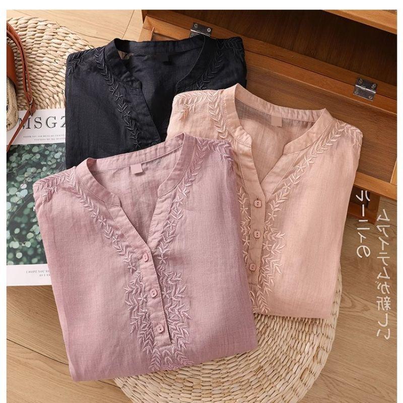 2025 Summer Women's V-Neck Cotton Linen Embroidered Loose Short Sleeve Plus Size Top