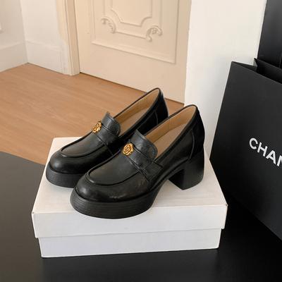 Taller Small Man Versatile Thick Heel Women's Spring New Camellia Retro British Style Small Leather Shoes