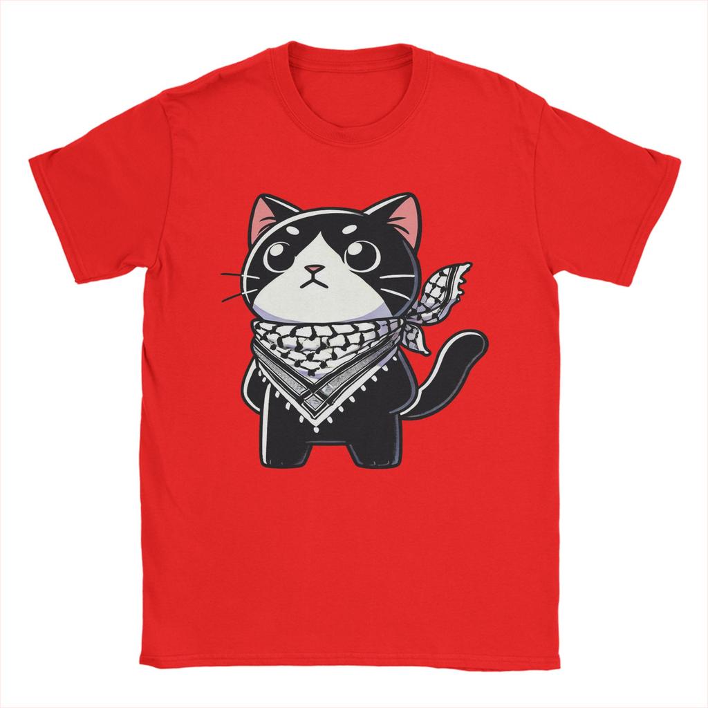 Cute Cat Wearing the Keffiyeh T Shirts Men 100% Cotton Humorous T-Shirt Crewneck Tee Shirt Short Sleeve Tops Unique