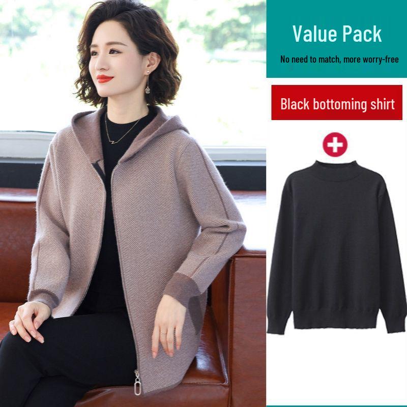 Módní pletený kardigan s kapucí 2025 pro středněvěké a starší ženy - Podzim/Zima