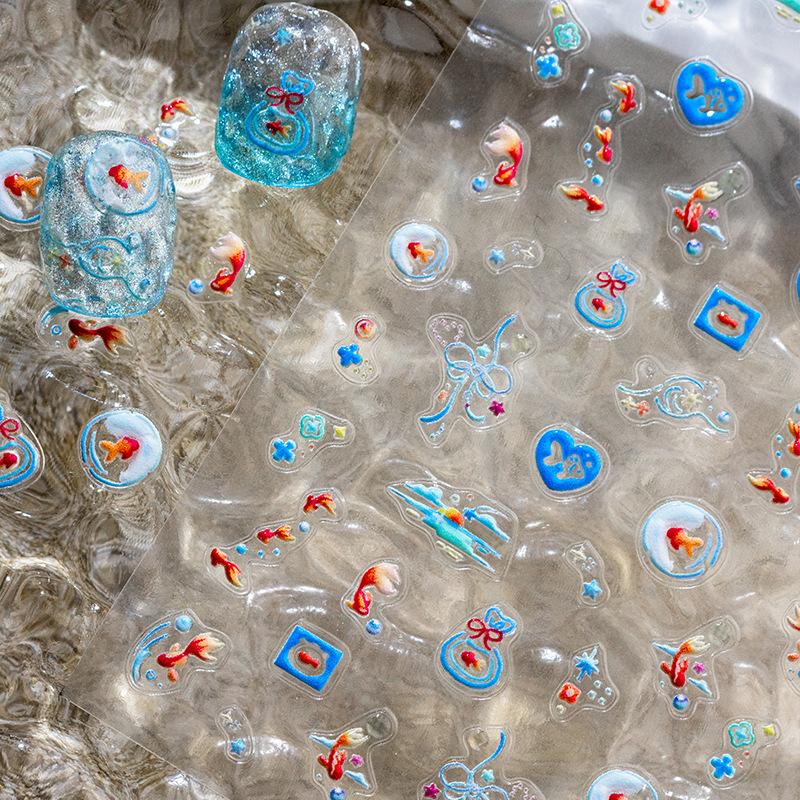 Shiny Goldfish Plastic Bag Seahorses Summer Jellyfish Starfish Shell Conch Koi Water Bubble Star Carp Nail Art Stickers Decals