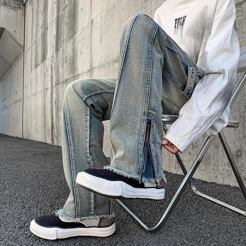 Modne Jeansy Bootcut z Zamkiem i Rozcięciem po Boku Odzież Męska Wysoki Stan Szerokie Cargo Jeansowe Spodnie Nogawka Retro Spodnie Cargo Streetwear