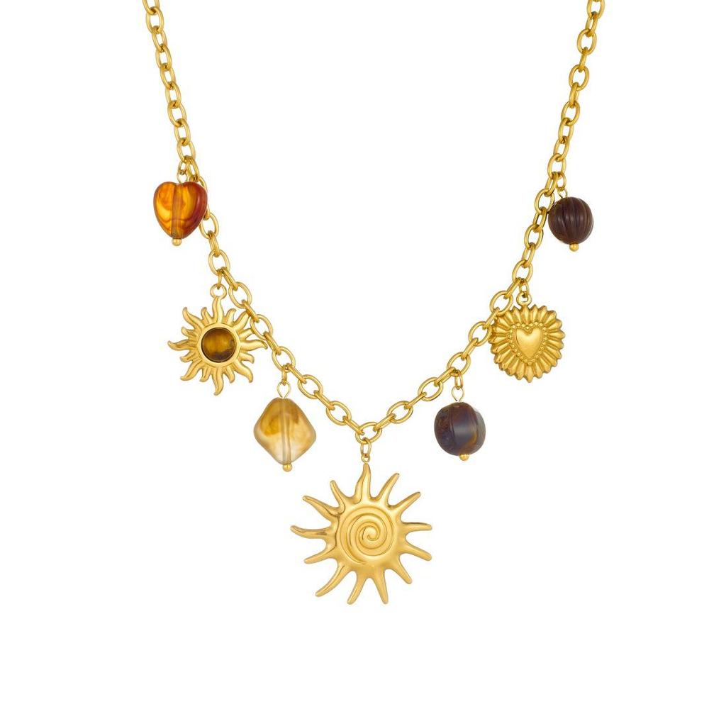 Retro Gold-Plated Sun Heart Tiger Eye Pendant Jewelry Set