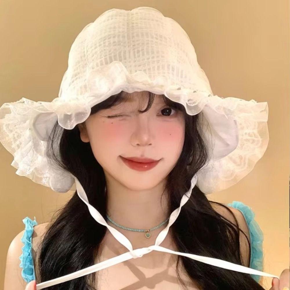 White Lace Bucket Hat Summer Visor Basin Cap Ins Fisherman Hat  Outdoor