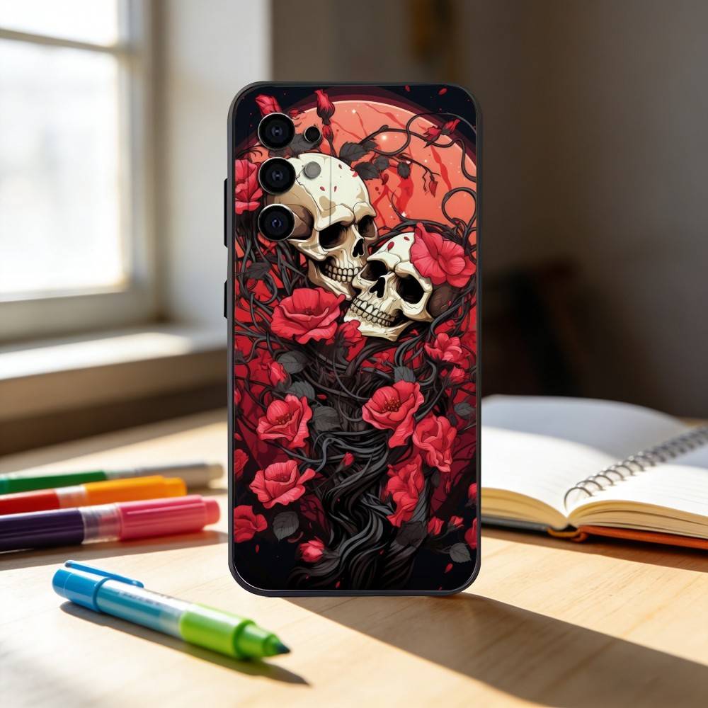 R-Red Rose Skull Phone Case For Samsung S25,S24,S21,S22,S23,S30,Ultra,S20,Plus,Fe,Note,10,9,5G Black Cover