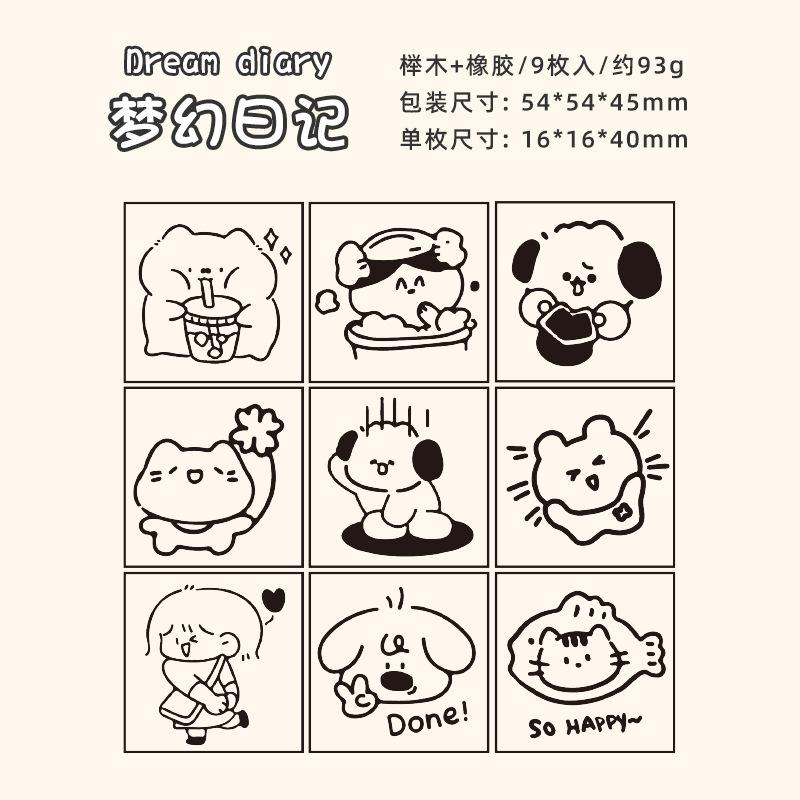 9 Pcs Wooden Journal Stamps Set, Cartoon Character Seals, Adorable Scrapbooking Supplies
