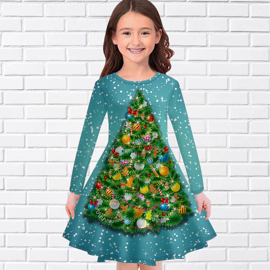

Повседневное платье для девочек с принтом рождественской елки и снега, круглое платье с длинными рукавами, детское платье принцессы 180 светло-синий