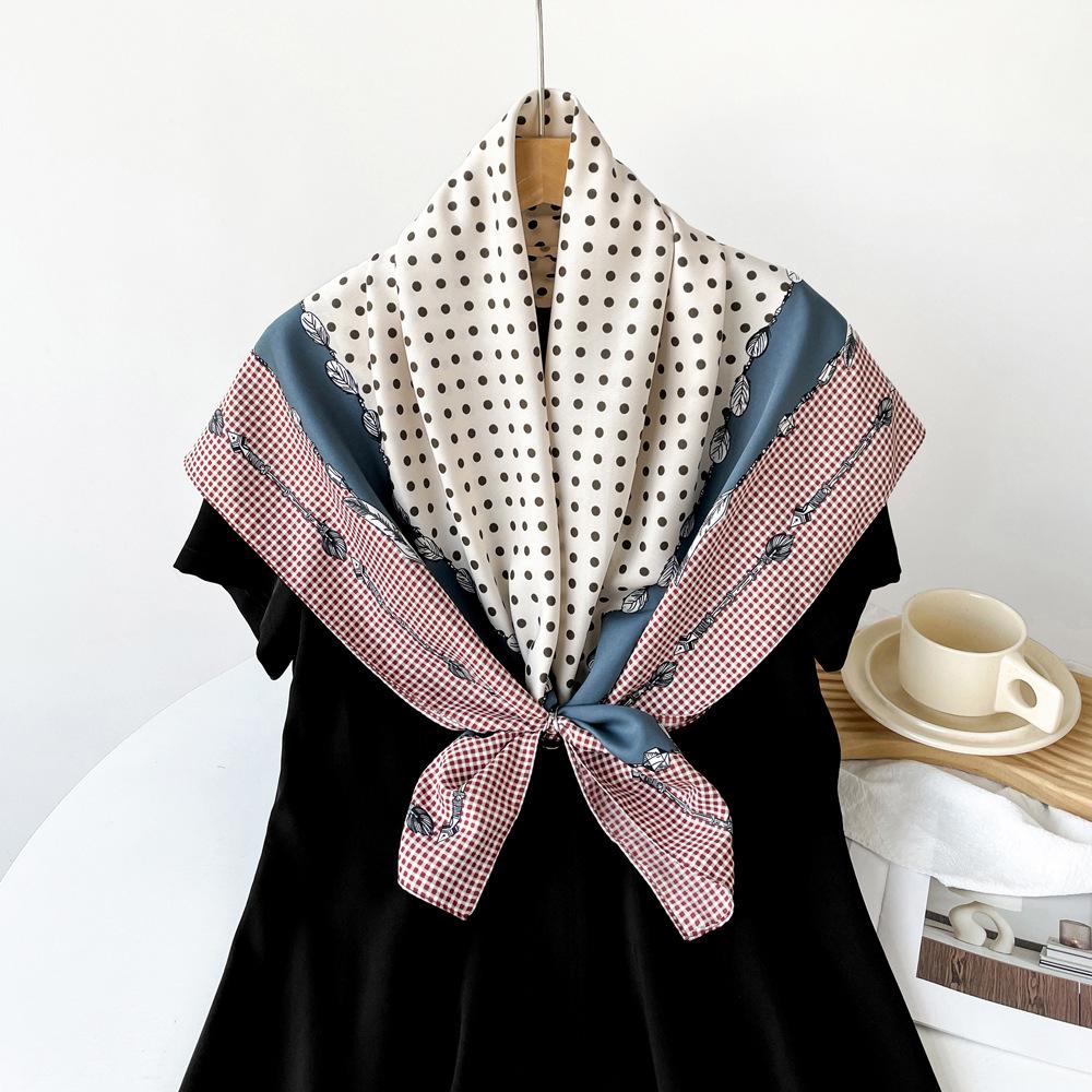 Pearl Polka Dot Design Silk Scarf Thin Breathable Imitation Silk Square Scarf Sunscreen Travel Shawl Hair Tie Scarf