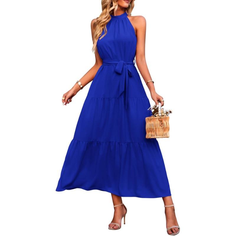 Fashion Sleeveless Summer Elegant Long Dress New Loose Casual Women Simple Office Solid Color A-line Party Dress Female Lace-up Holiday Women Clothing