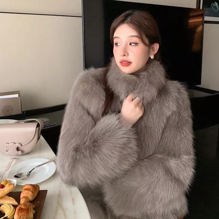 Winter New Environmentally Friendly Fur Stand-up Collar Jacket, High-end Fashionable Warm Thickened Plush Coat