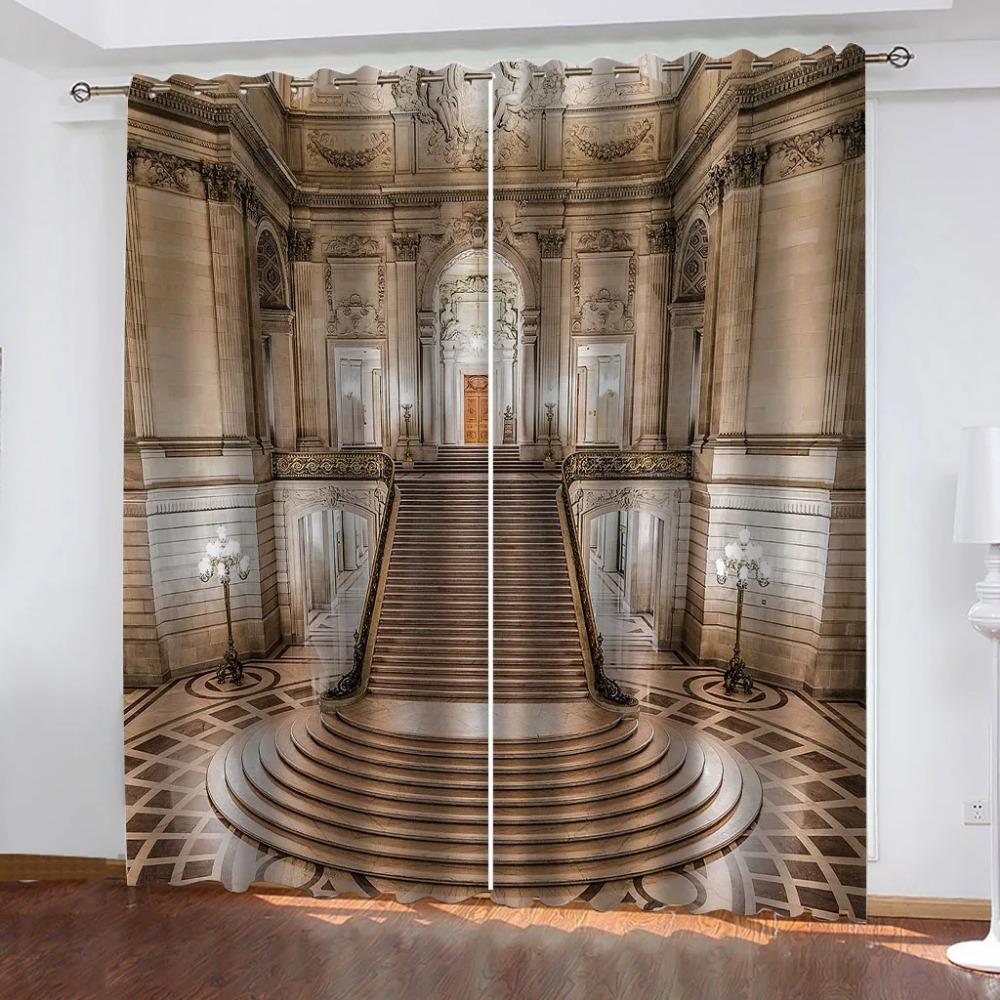 Living Room Curtains 2 Pieces Fashion 3D Golden Corridor Printed Polyester Eye Blackout Curtain Fabric Two Panels