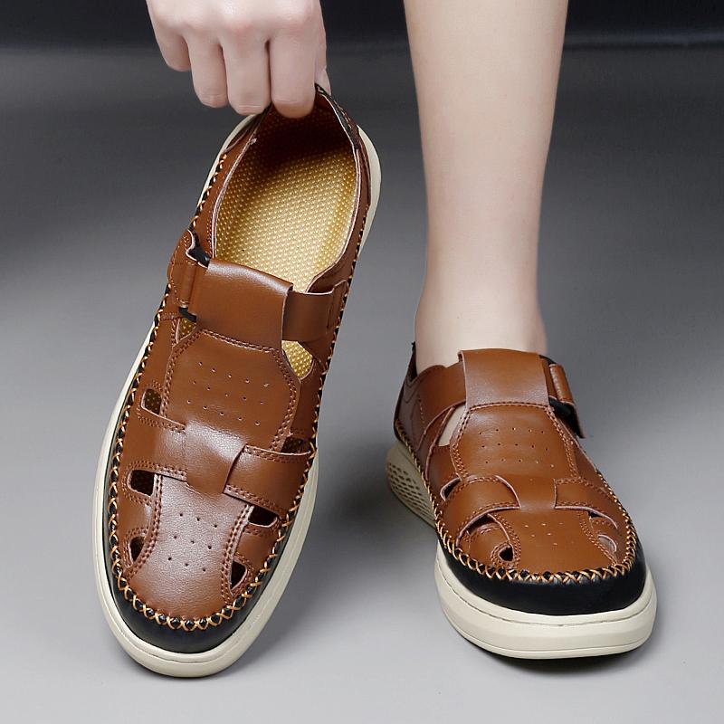 New Anti-collision Toe Men's Sandals Hot-selling Leather Beach Shoes Comfortable Roma Footwear Male Casual Summer Flats Sandaly