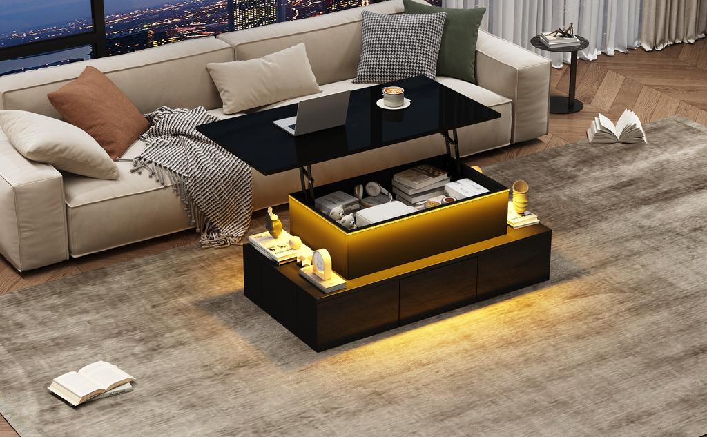 100*50*40cm Hebbbarer Couchtisch mit 4 Schubladen, Hochglanz Beistelltisch mit LED, Wohnzimmertisch mit verstecktem Stauraum, Schwarz, MDF