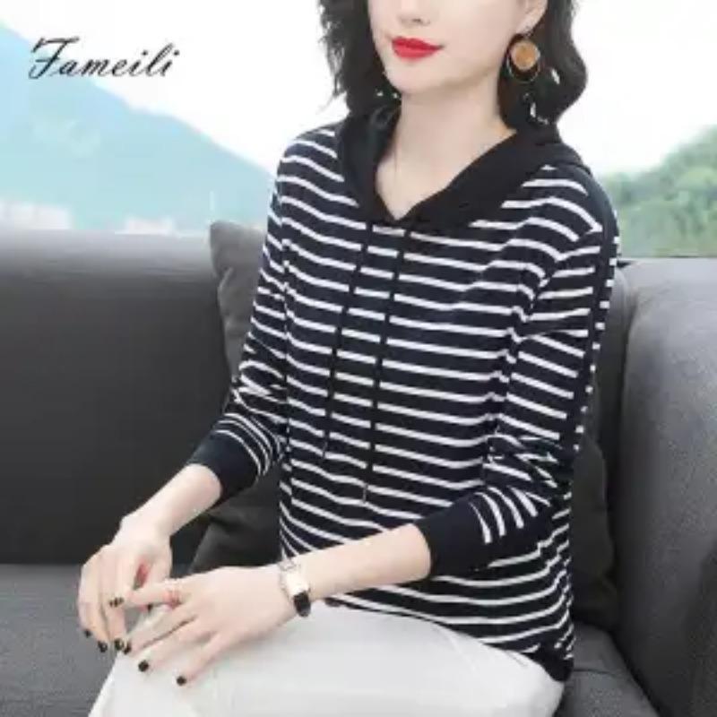 

Осенняя Новая Футболка из Чистого Хлопка Женская Свободная Полосатая Толстовка с Капюшоном и Длинным Рукавом L синий