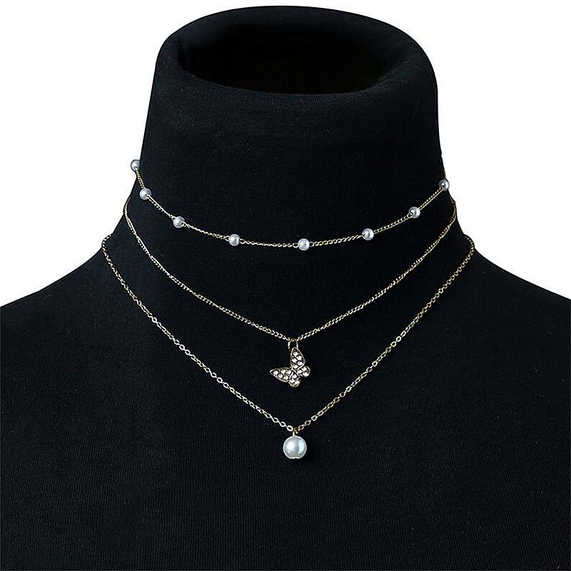 Japanese and Korean ins small fresh and sweet pearl temperament collarbone chain charm necklace jewelry women's multi-layer simple butterfly