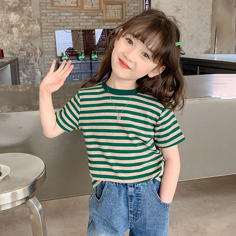 

Футболка с короткими рукавами для девочек, летняя детская одежда в полоску, тонкая футболка с короткими рукавами для девочек в корейском стиле 140 зелёный