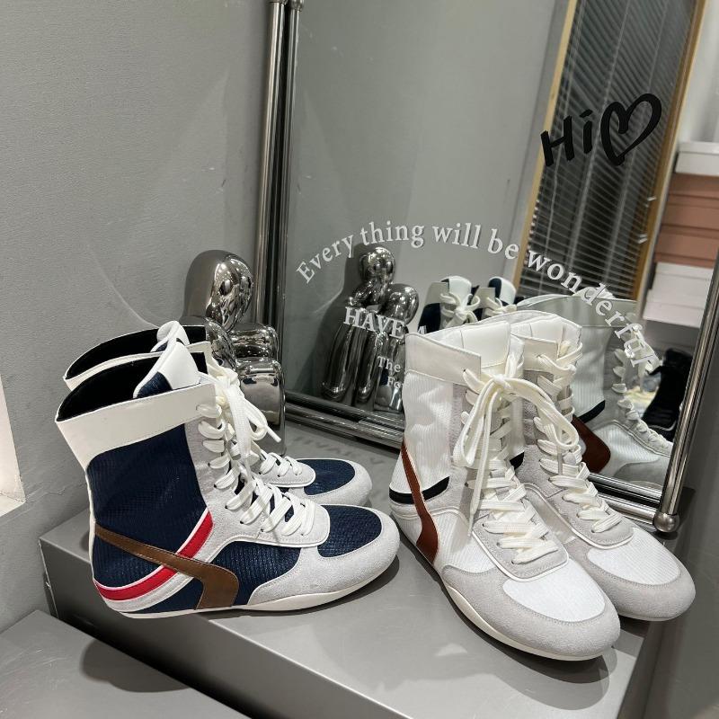 Miu Series Inner Height Increase Casual Leather Boxing Boots Women's Light and Comfortable Breathable Sports Wind Color Matching High Top