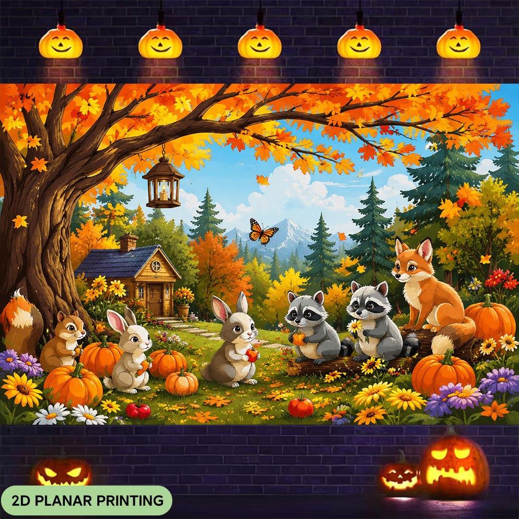 1 piece of 2D flat banner Autumn Forest Animal Gathering 2 polyester fiber material background clothzyc