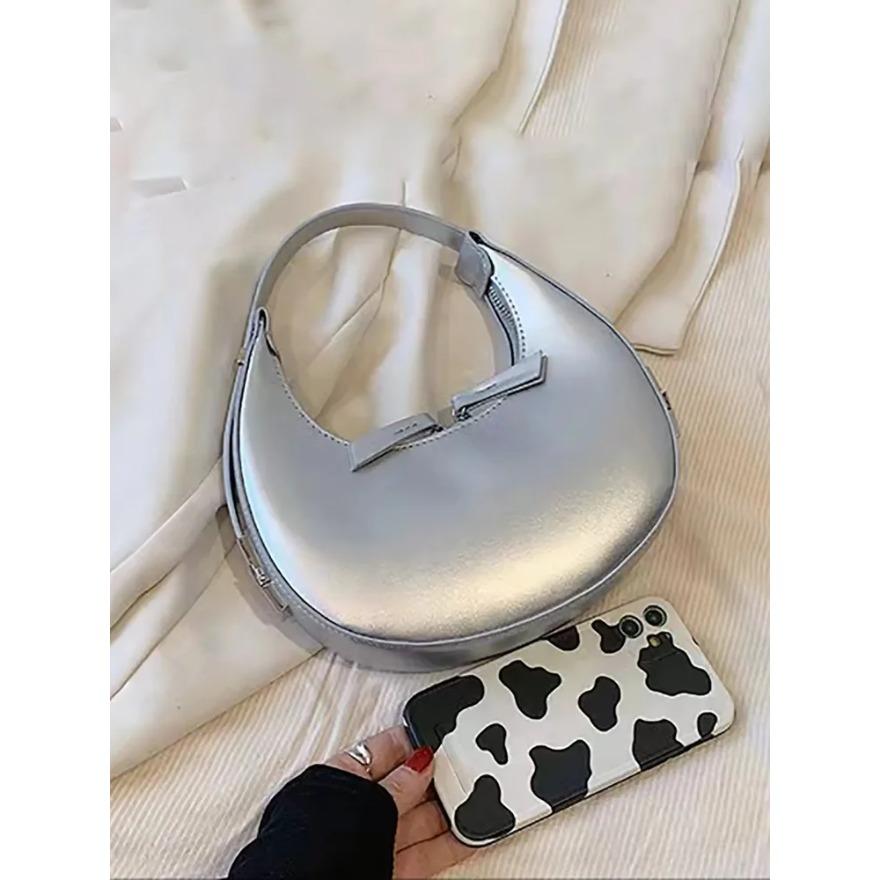 Genți de umăr la modă pentru femei Genți simple argintii Hobo Genți de mână ocazionale pentru femei Genți de subrat din piele PU pentru doamne noi