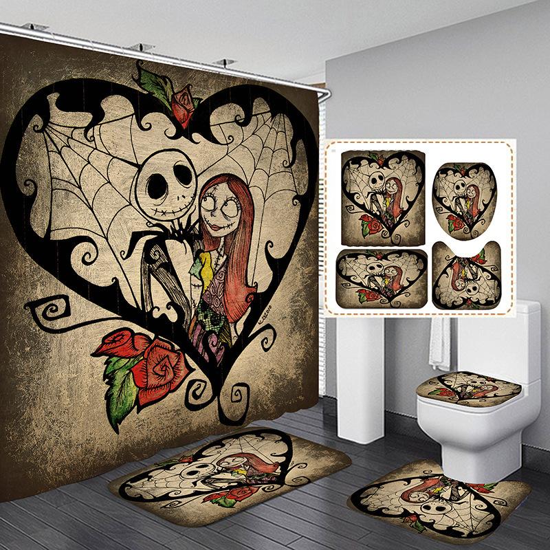 Shower Curtain 4-Piece Curtain Bathroom Non-Punching Shower Curtain Set, Halloween 3D Printed Shower Curtain