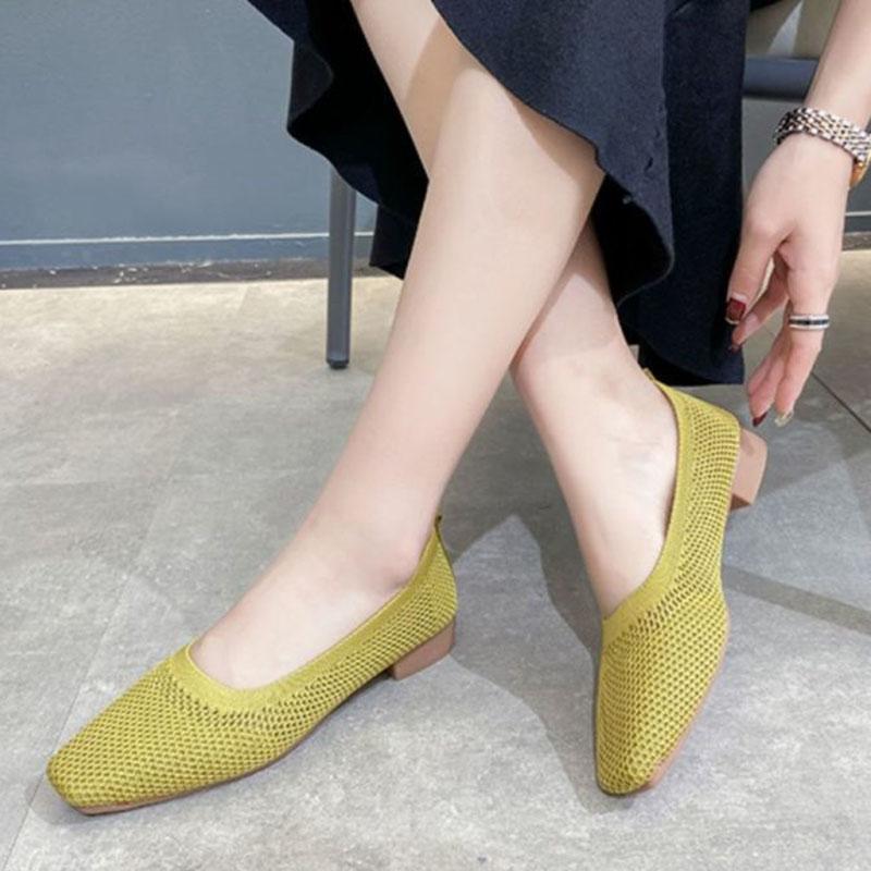 WTEMPO Soft Sole Single Shoes Women's Spring and Summer Square Toe Mesh Low Square Heel Solid Color Knitted Hollow Breathable Non-slip Woven Shoes