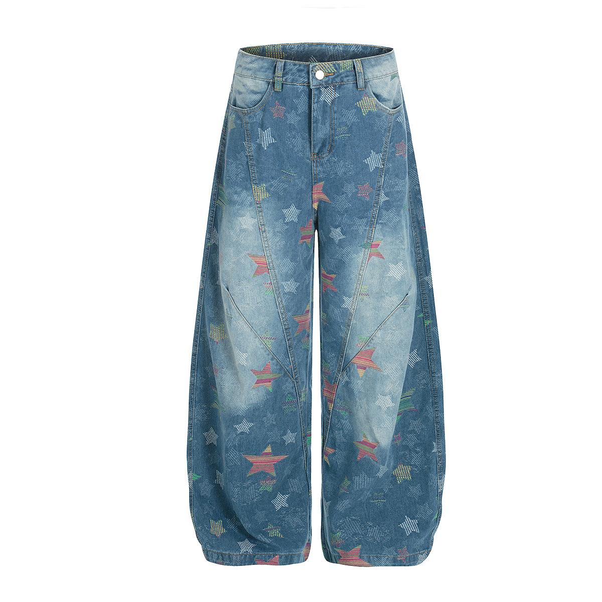 Trendy brand American retro scimitar pants jacquard jeans men s vibe loose wide-leg pants S светло-синий