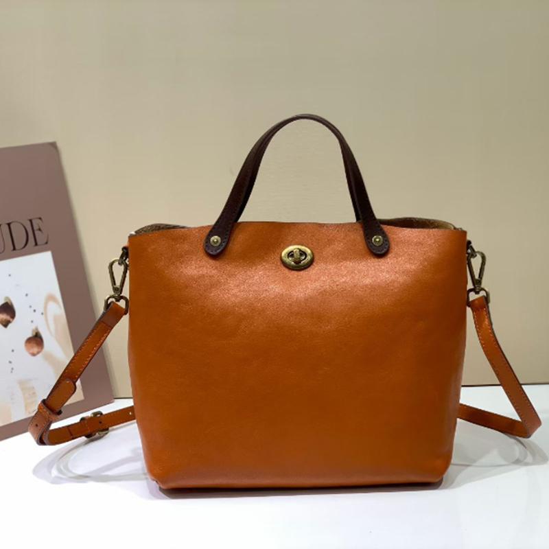 Vintage Genuine Leather Tote Bucket Bag Luxury Top-grain Cowhide Vegetable-tanned Crossbody Bag For Commuting Versatile Shopper