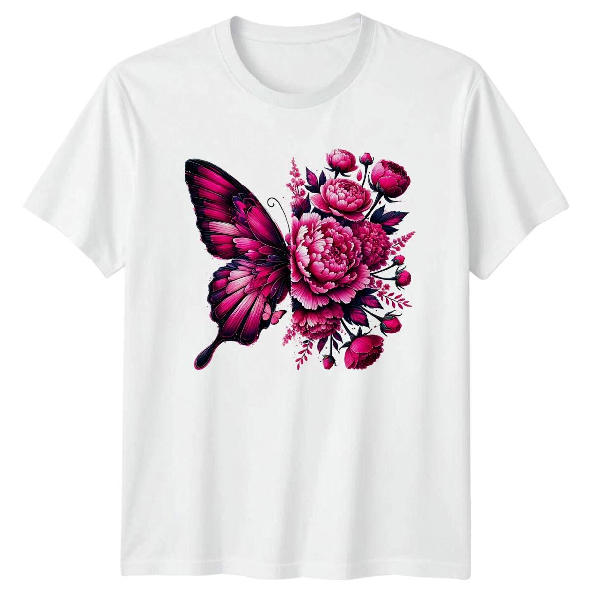 Floral Butterfly T-Shirt Nature Lover Pink Flower Graphic Tee XS