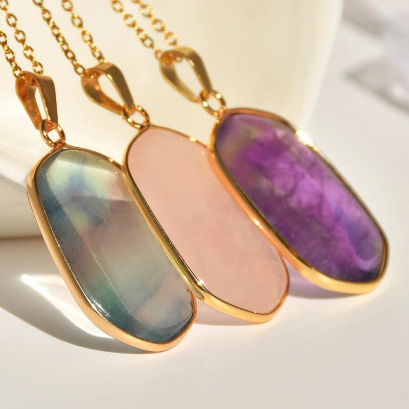Natural Stone Geometric Pendant Necklace With Gold Plated Edges For Women And Men