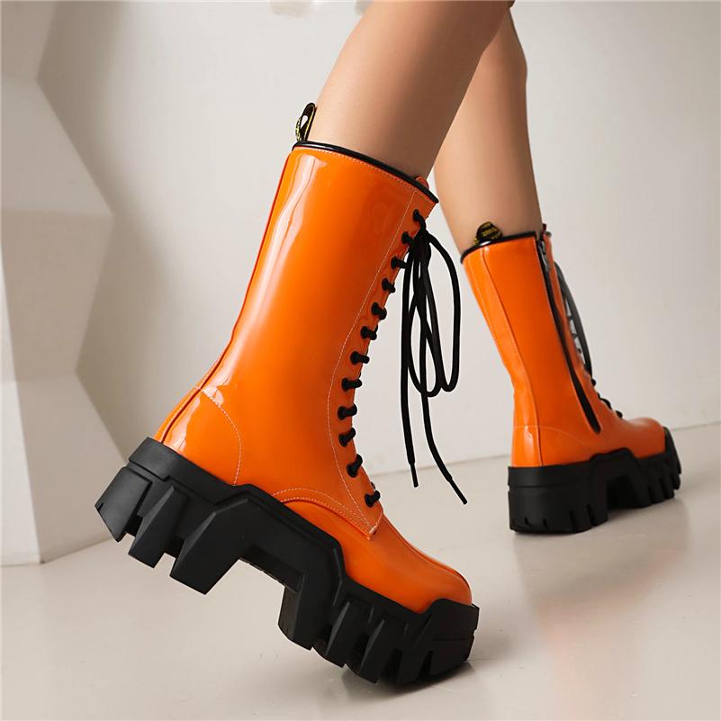 Meotina Women Ankle Boots Round Toe Chunky High Heels Lace-up Zipper Platform Short Boots Ladies Fashion Shoes Winter Yellow 44