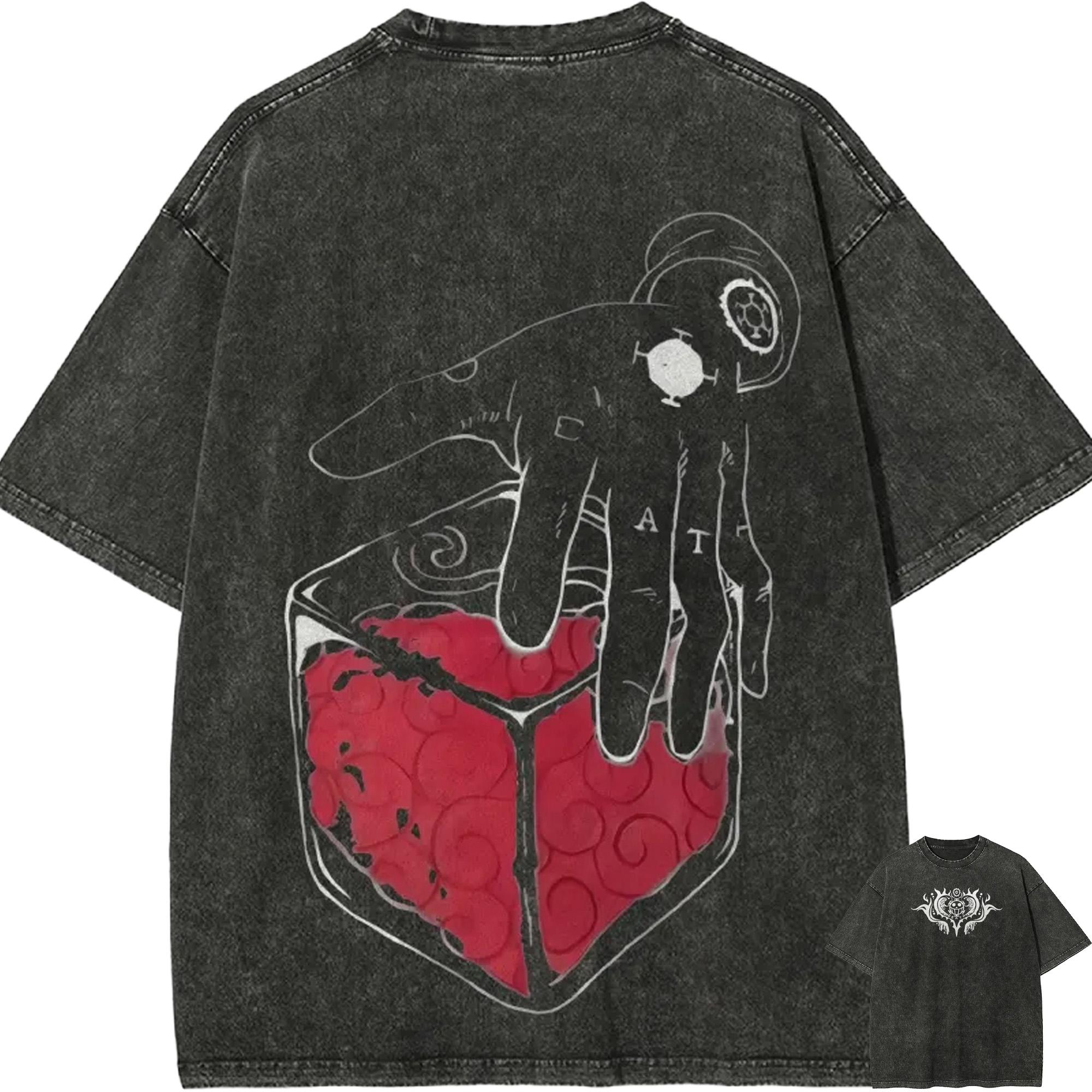 Trafalgar Law T Shirt Men Acid Wash Anime One Piece Red Heart Graphic Cotton Vintage Gym Wear Room Surgeon of Death Print Tee M