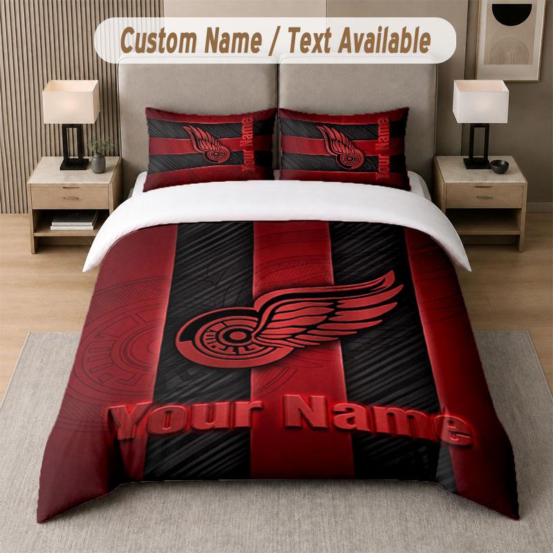 Custom Bedding Set Detroit Red Wings Pattern, Print Name Text 1 Duvet Cover Plus 2 Pillowcases Home Textile