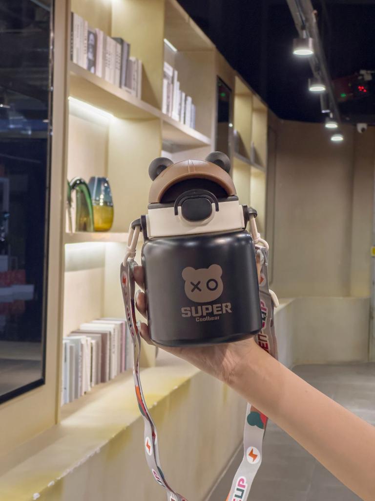 316 Stainless Steel thermos cup handle strap 600ML stainless steel straw children's straw water punk bear water cup male and female student cup