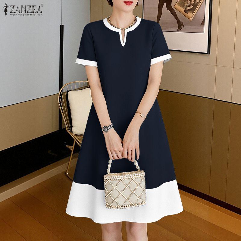 ZANZEA Damska swobodna, letnia sukienka z okrągłym dekoltem i krótkim rękawem