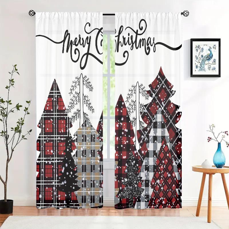 2 Pieces, Merry Christmas Red Buffalo Grid Tree and Snow Forest Farmhouse Curtains - Living Room Bedroom Home Decoration