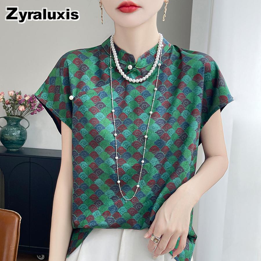 Silk Charmeuse Printed Short Sleeve Top Women's Mandarin Collar Cheongsam Shirt