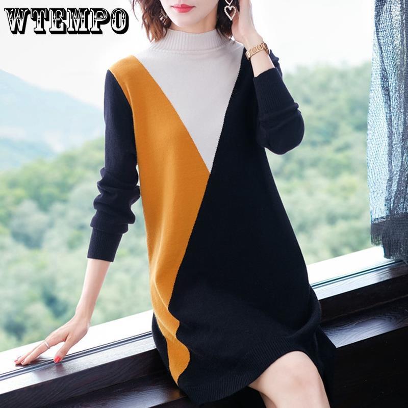 Korean Half Turtleneck Knitted Dress for Women Loose Mid-length Pullover Patchwork Sweater Dress Casual Knitwear