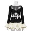 European and American Sexy Crop Top Flare Sleeve Tops Contrast Color Tutu Skirt Suit Top and Short Skirt Set