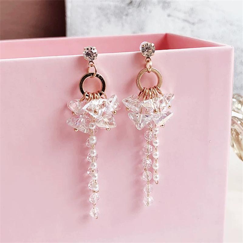 Irregular Crystal Flower Imitation Pearl Tassel Long Drop Earrings for Female Geometric Pendant Ear Wedding Jewelry