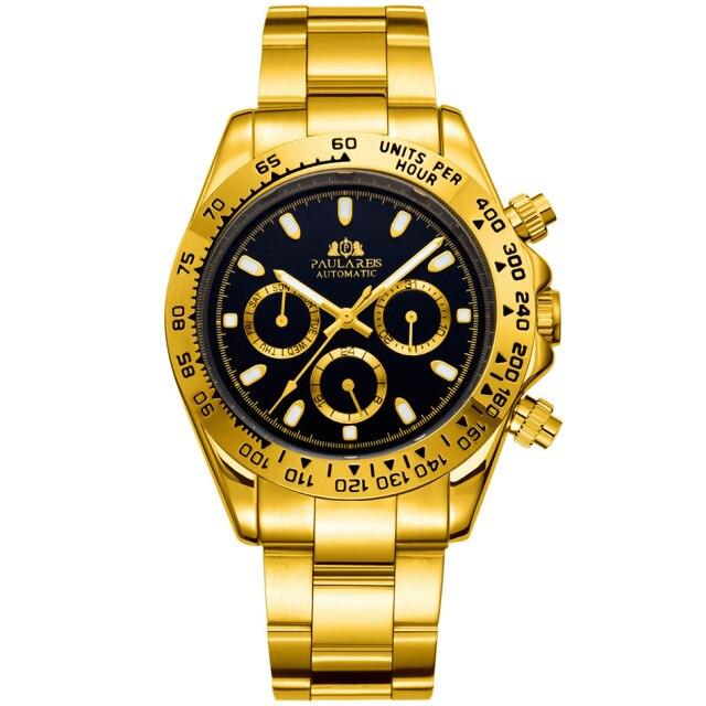 Paulareis Automatic Watches Self Wind Mechanical Gold Stainless Steel Glacier Ice Blue Dial Chestnut Brown Bezel Luminous Men Watch RL01