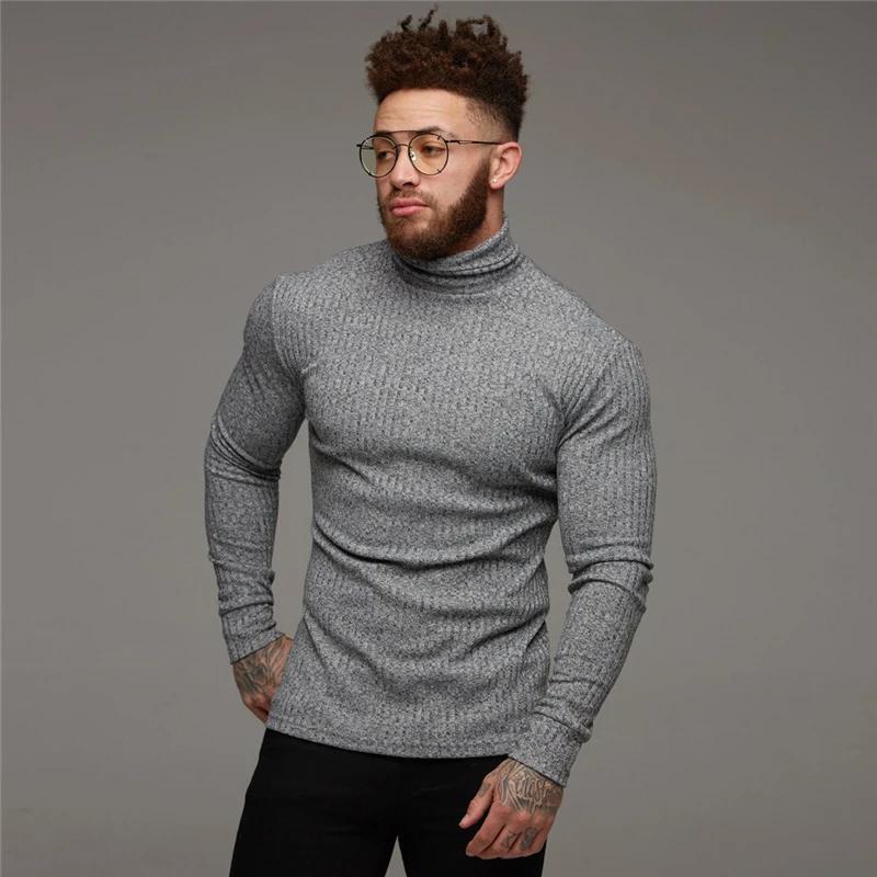 Muscleguys Autumn Turtleneck Mens Running T-shirts Thin Knitted Sports Sweaters Roll Neck Pit Strip Slim Fit Gym Fitness Pullover T Shirts