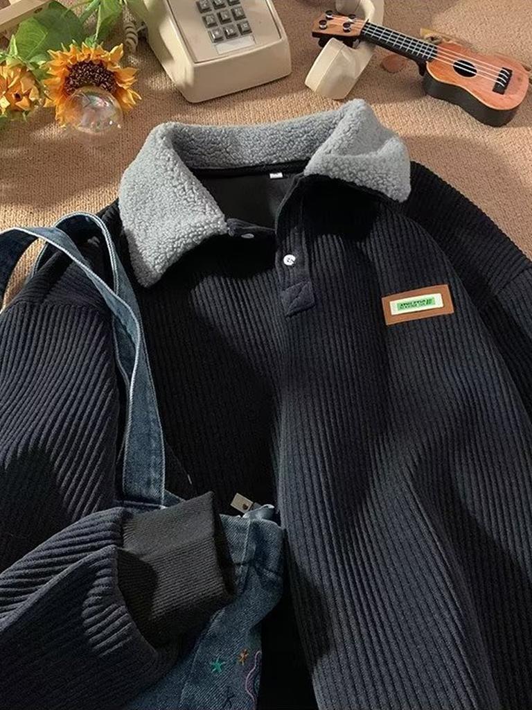 Corduroy Sweatshirt for Women Plus Velvet Thickened Pullover Japanese Style Warm Top Clothing Autumn Winter