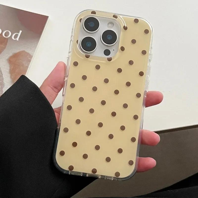 Modne Żółte Etui na Telefon z Brązowym Wzorem w Grochy Dla Dla Iphone 17 AIR 16 1 14 13 12 11 Pro MAX Plus Y2K Odporne na Wstrząsy Pokrowiec