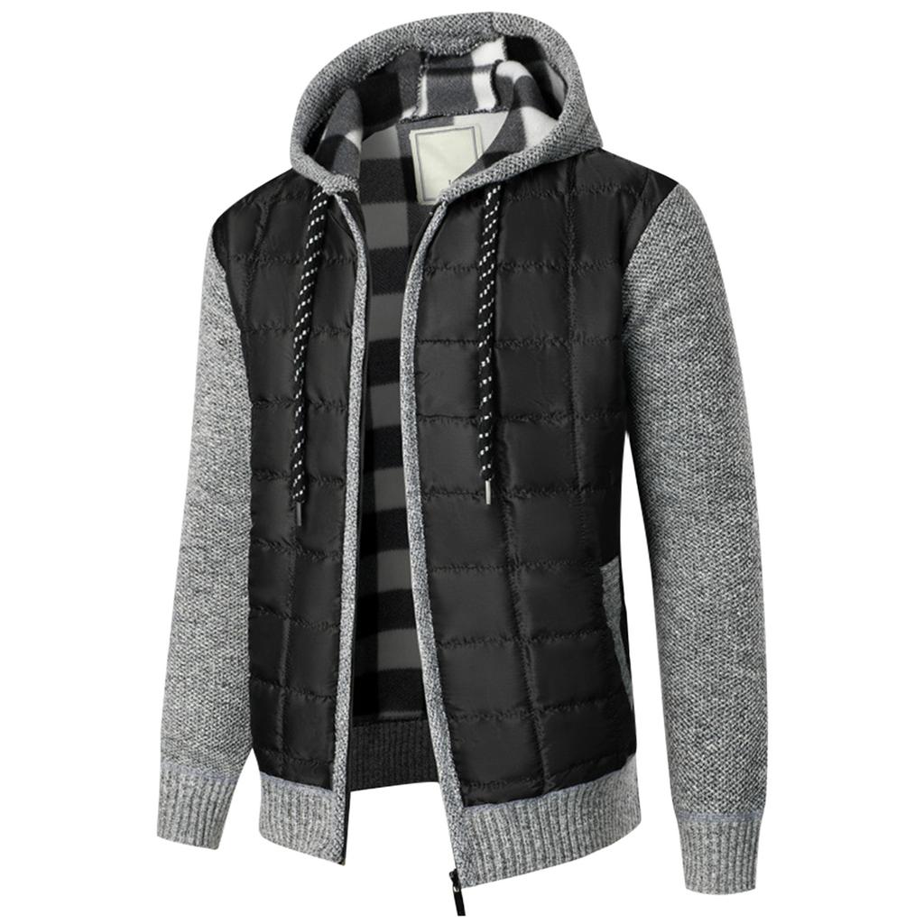 Men's Hooded Plush Plaid Knitting Drawstring Coat Sweater  Warm Solid Color Jackets Tops