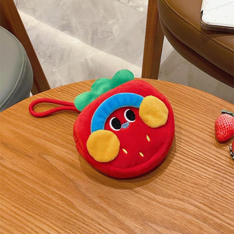 Cute Cartoon Fruit Strawberry Plush Coin Wallet Kawaii Data Cable Jewelry Key Bag Wallet Pendant Portable Accessory Storage Bag