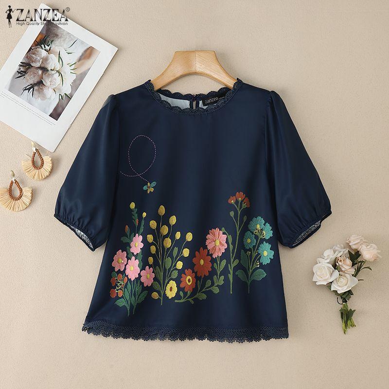 ZANZEA Women Casual Round Neck Half Sleeve Loose Floral Blouse