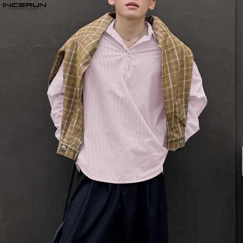 INCERUN Men Lapel Neck Long Sleeve Striped Button Up Casual Shirts Tops