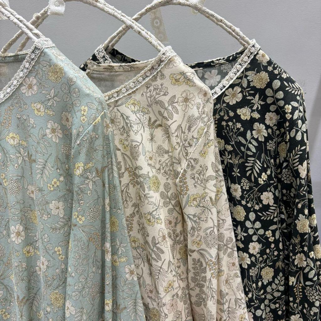 Spring Mori-Style Floral Slimming Pleated Dress, Loose Plus Size, Cotton Linen Long Sleeve