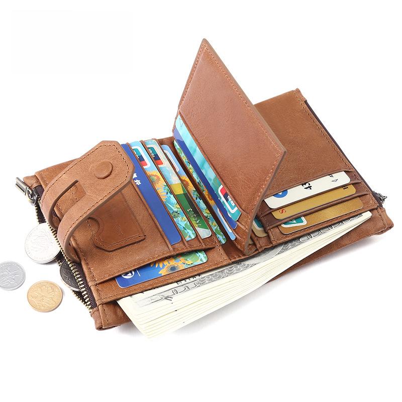 Men's RFID Genuine Leather Double Zipper Wallet - Casual Fashion Multi-Card Retro Clutch Coin Purse